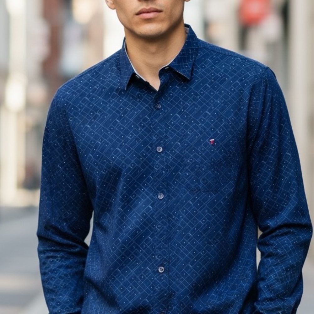 Louis Philippe Contrasting Cuff Mens Slim Fit  Button Down Blue Dress Shirt 42